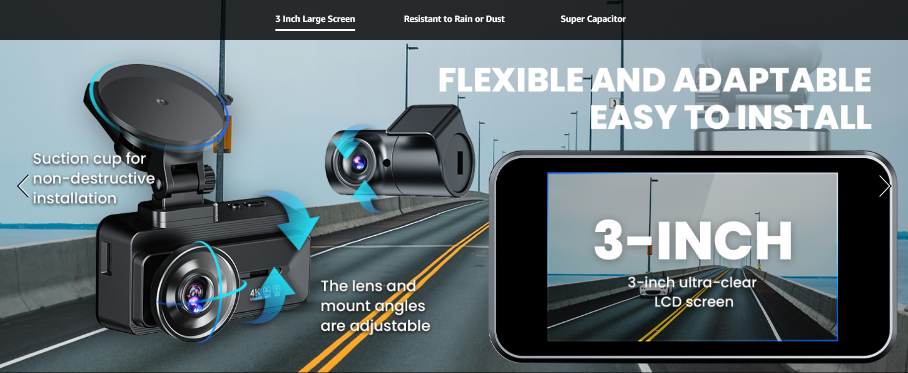 COOLCRAZY Dash Cam featuring a 3-inch ultra-clear LCD screen with suction cup for non-destructive installation and adjustable lens angles.