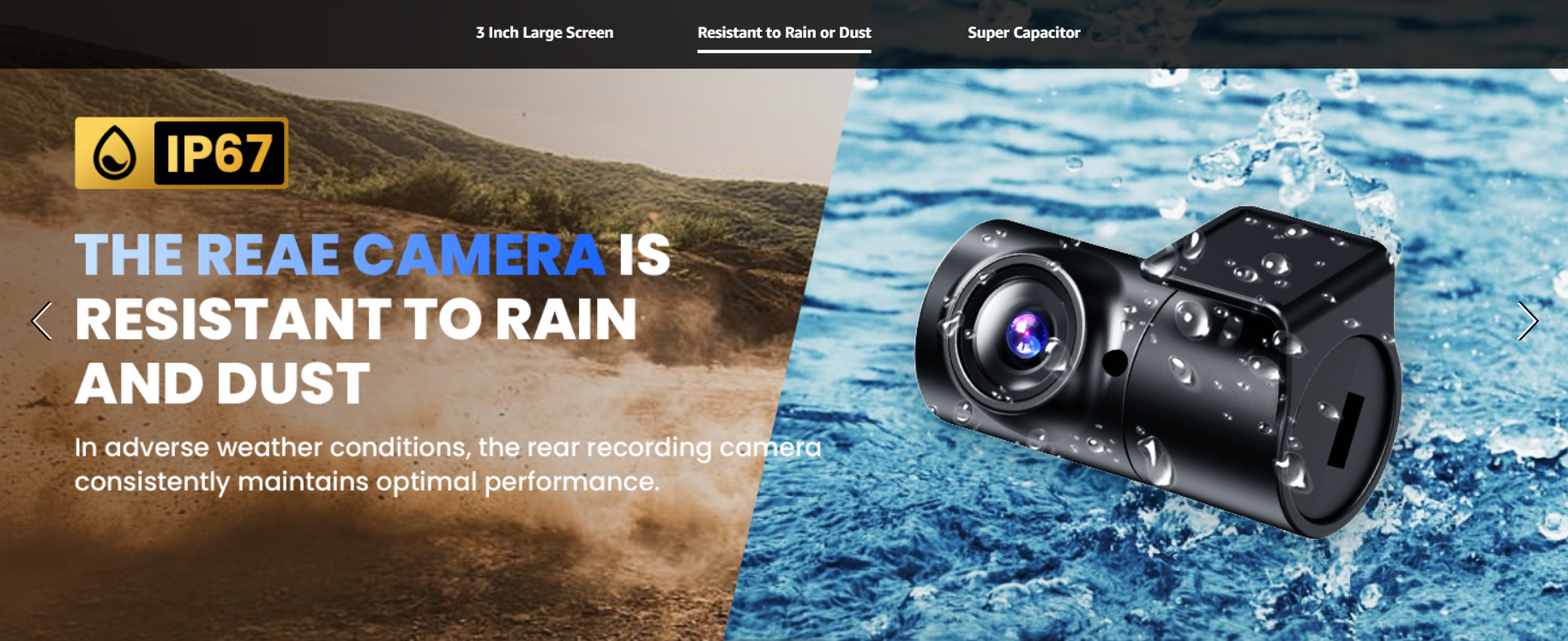 COOLCRAZY Dash Cam rear camera with IP67 rating, showcasing resistance to rain and dust for optimal performance in harsh weather conditions.