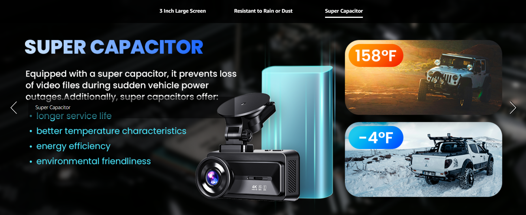 COOLCRAZY Dash Cam equipped with a super capacitor, ensuring reliable performance in extreme temperatures from -4°F to 158°F.