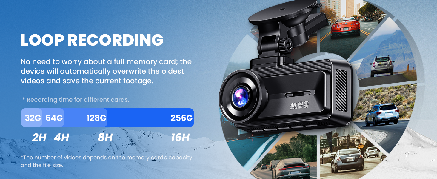 COOLCRAZY Dash Cam with loop recording, showcasing automatic video overwrite and up to 16 hours of continuous recording with a 256GB memory card.