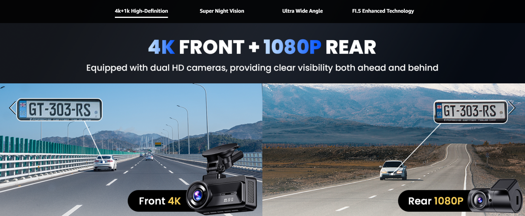 COOLCRAZY Dash Cam emphasizing 4K front and 1080P rear cameras for crystal-clear video coverage ahead and behind the vehicle.