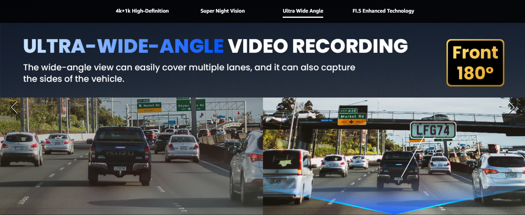 COOLCRAZY Dash Cam showcasing ultra-wide-angle video recording with a 180-degree front view to capture multiple lanes and side vehicles.