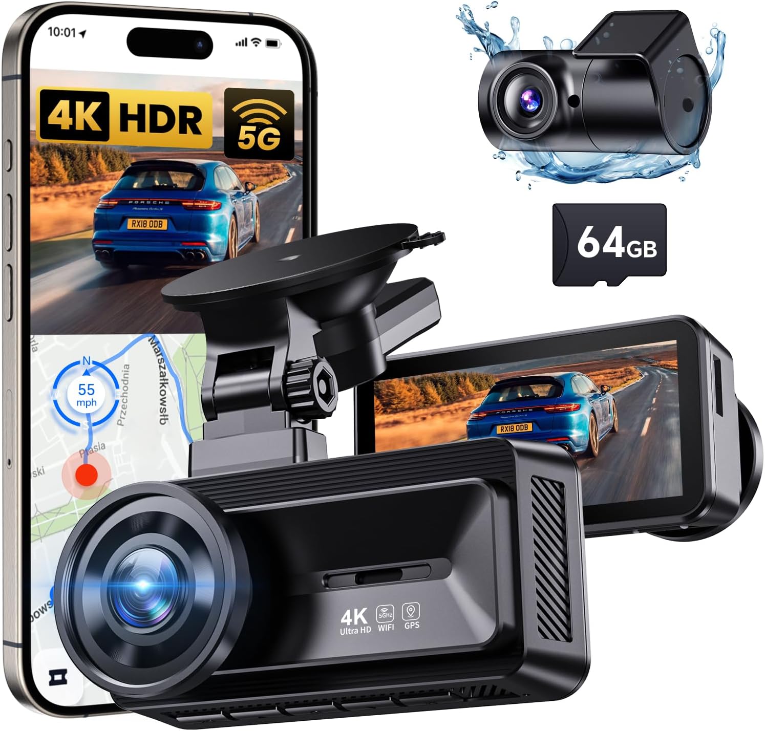 COOLCRAZY 4K Dash Cam with front and rear cameras, Wi-Fi connectivity, and a 64GB memory card displayed with a modern interface for seamless operation.