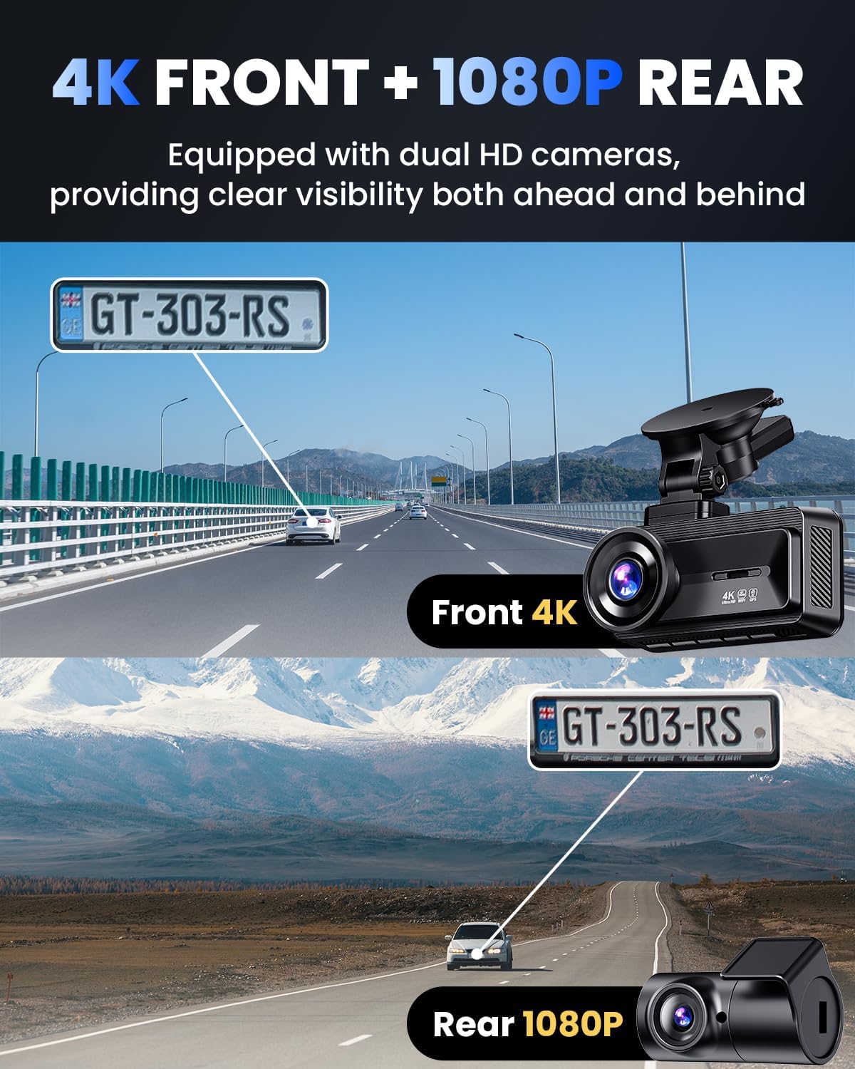 Dual-camera COOLCRAZY Dash Cam showing 4K front and 1080P rear recording capabilities for high-quality video capture on the road.