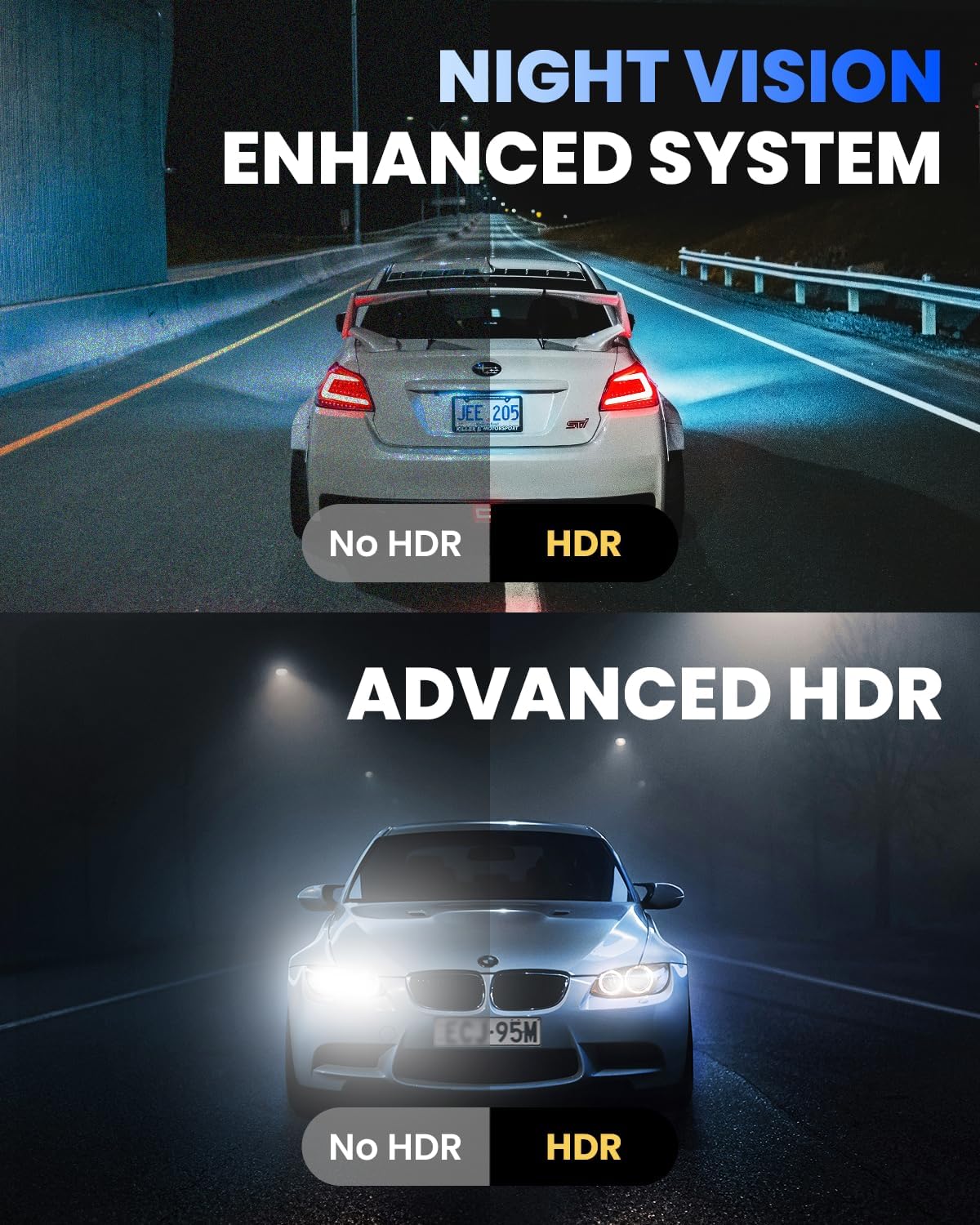 COOLCRAZY Dash Cam with night vision HDR system comparing enhanced and standard image quality for optimal nighttime driving safety.