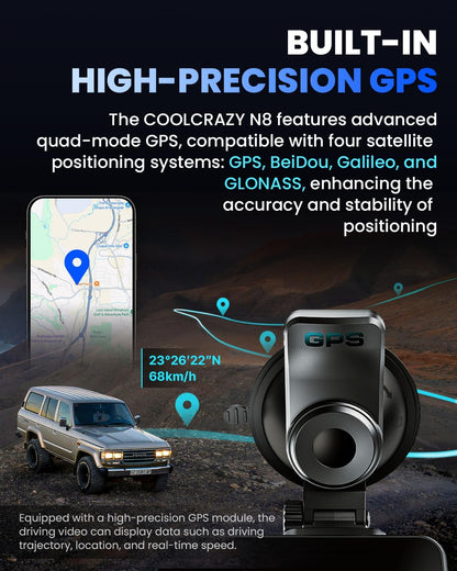 COOLCRAZY Dash Cam with built-in high-precision GPS, showcasing advanced location tracking with GPS, BeiDou, Galileo, and GLONASS compatibility.