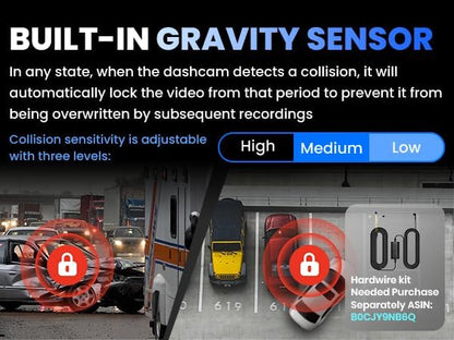 COOLCRAZY Dash Cam with built-in gravity sensor, highlighting automatic collision detection and video lock for secure footage preservation.