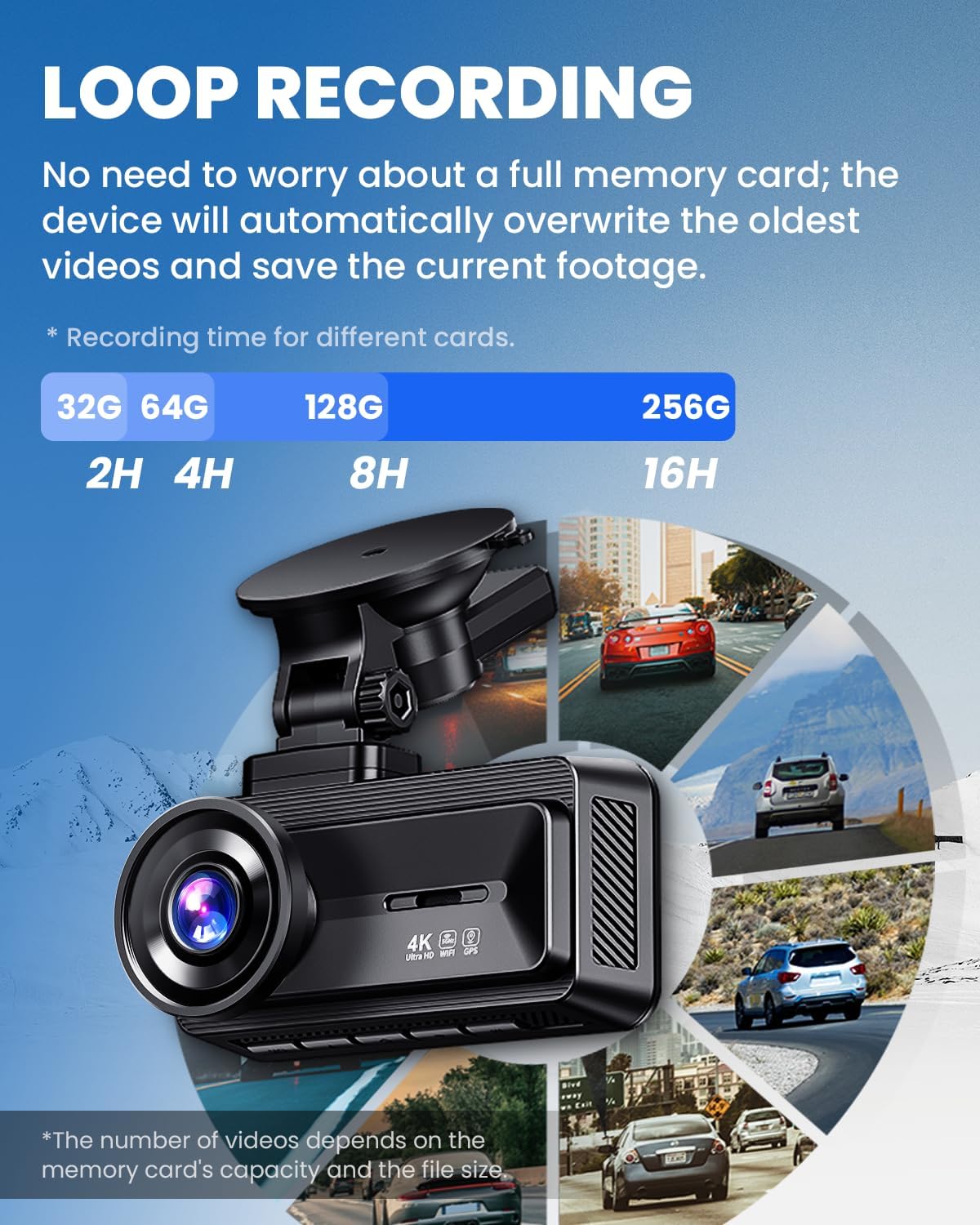 COOLCRAZY Dash Cam demonstrating loop recording feature with 64GB storage, ensuring continuous video capture without memory issues.